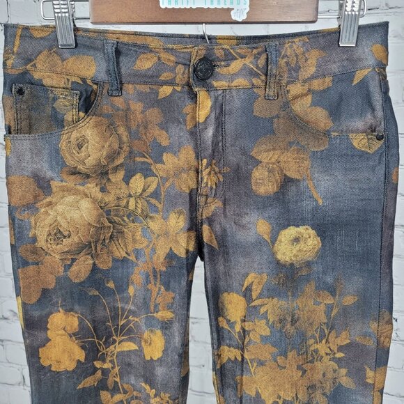 Mos Mosh Blue Gold Floral Mid Rise Zip Ankle Stretch Skinny Jeans 28 (28x28) - Picture 4 of 14